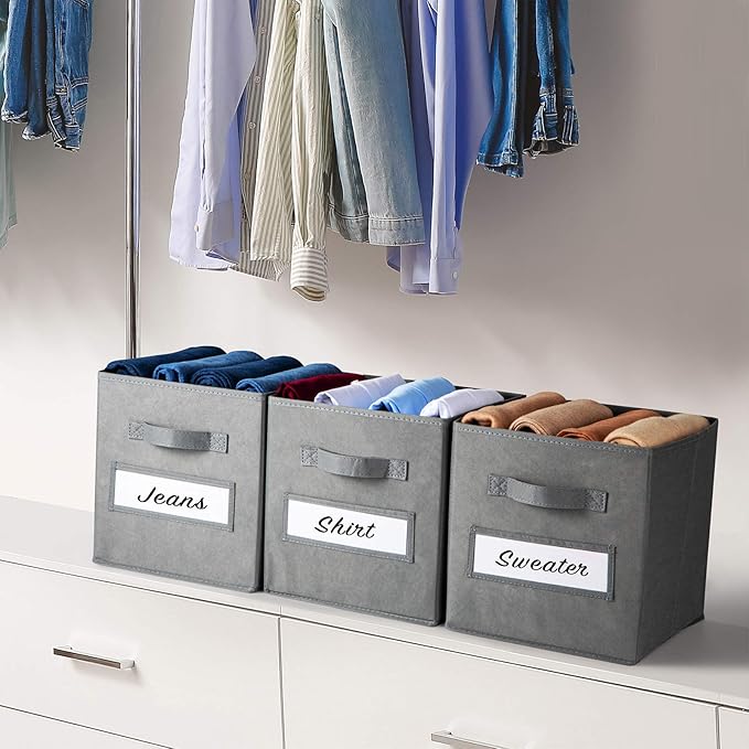11 Inch Storage Cube,Storage bin (Set of 10) Foldable Fabric Cube Storage Bins with 10 Labels Window Cards & a Pen,Baskets Containers for Shelves,Closet Organizers Box for Home & Office,Gray