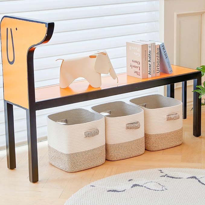 R RUNKA Storage Cube Baskets 3-Pack - 11 inch Square Baskets, Closet & Shelves Organizers - Woven & Drawer Storage - Ideal for Toys | White & Beige