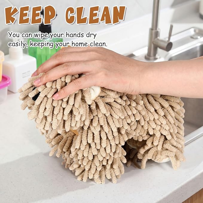 Tegeme 2 Pcs Chenille Dog Hand Towel Fuzzy Dog Towel Absorbent Microfiber Soft for Bathroom Kitchen Washstand (White Brown)