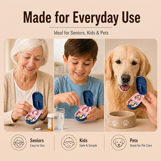 Pill Splitter for Accurate 1/2 Cuts – Sharp Blade, No Crushing, Easy to Use Tablet Cutter with Storage Compartment, Portable for Daily Medication, Seniors, Kids & Pets