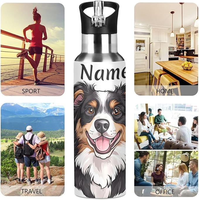 Custom Name Bernese Dog Hearts Water Bottle with Straw Lid Kids Insulated Stainless Steel Water Flask Sports, 20 Oz Hot Cold