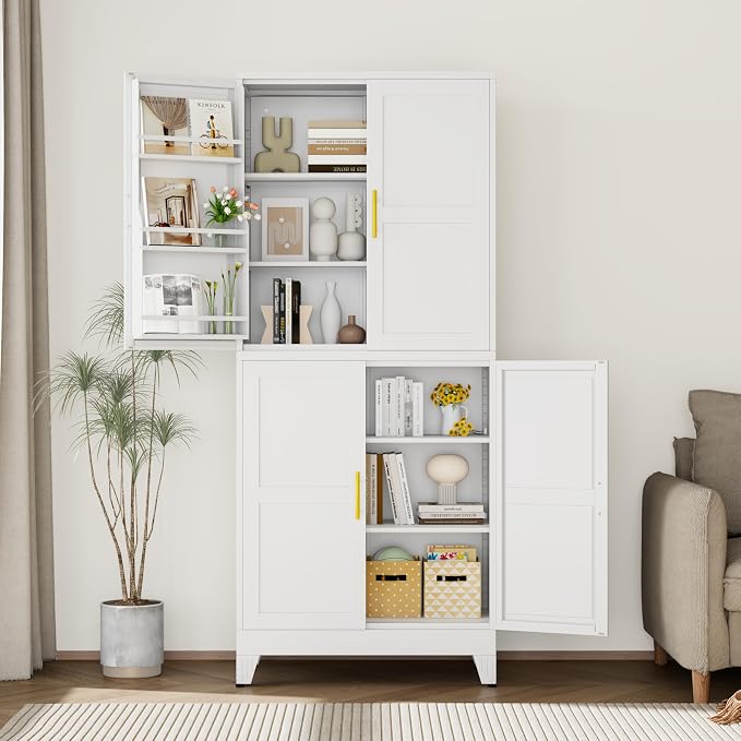 GAIOUS 74.8" Tall Metal Food Cabinet, White Kitchen Pantry Cabinet | Storage Cabinets with 4 Door and 4 Adjustable Shelves, Steel Freestanding Cupboard for Kitchen Dining Living Room Bathroom