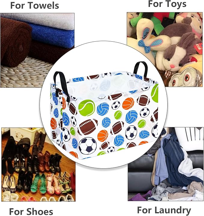 Football Storage Basket Empty, Waterproof Football Storage Bins Organizer, Foldable Closet Shelf Baskets with Handles for Home Office Dorm Closet Shelf