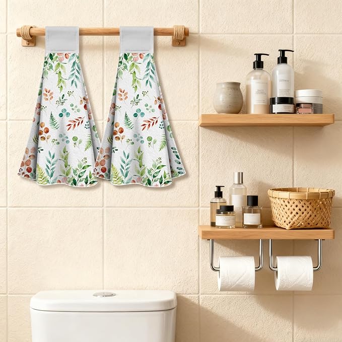 CUTHOLLOW Watercolor Leaves Hanging Kitchen Towels with Loop, Set of 2 - Soft & Super Absorbent Microfiber Decorative Hanging Dish & Hand Towel, Tea, Coffee Towel for Kitchen Bathroom Oven Handle