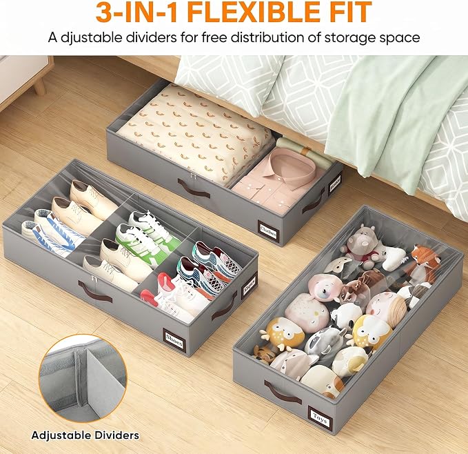 OIAHOMY 2 Pack 53L Under Bed Storage with Adjustable Dividers, 6" Low Profile Underbed Storage Bins for Comforters & Clothes, Save Closet Space with Clear View Lid & Reinforced Handles, Beige