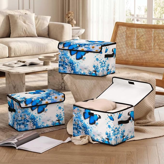 Stackable Storage Bins with Lids,Closet Organizers Fabric Box for Home and Office,Blanket Clothes Organizers,Under Bed Storage Containers 3 Pack
