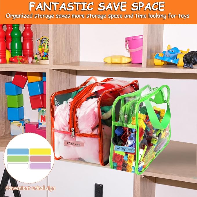 6 Color Toy Storage Bags with Labels, Reusable Clear PVC Board Game Storage, Travel Waterproof Organizer Bags with Zipper Large Capacity (L, XL, XXL)