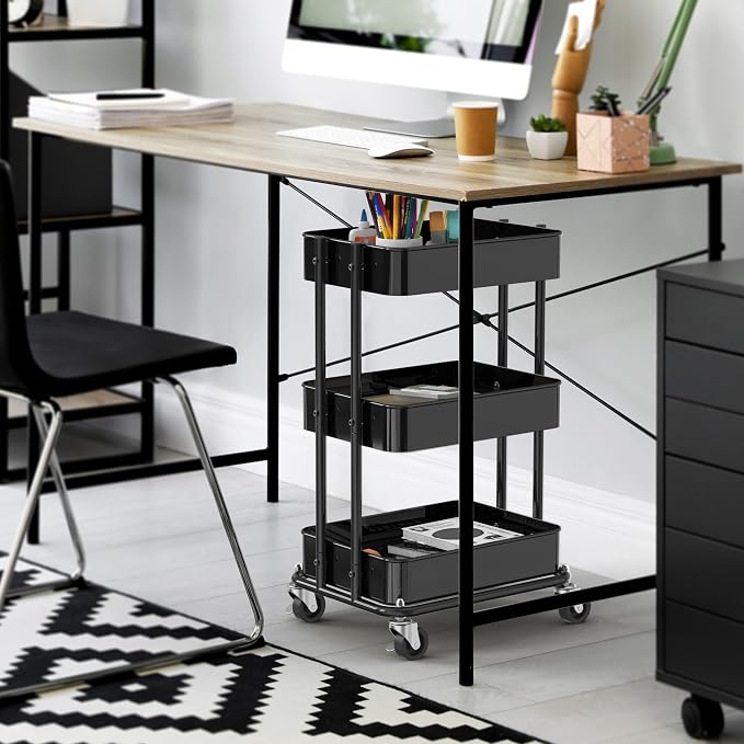 Simple Houseware 3-Tier Utility Cart, Low 24" Height Fits Under Desk, Black | Compact & Lower Height Great for Under-Desk Space-Saving Storage for Home Office, Dining Room, or Kitchen