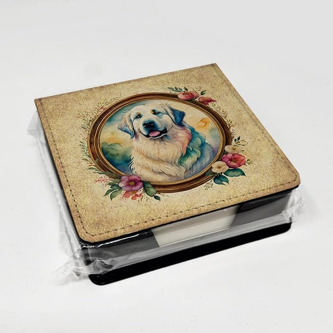 Caroline's Treasures Great Pyrenees and Flowers PU Leather Note Paper Holder with Artist-Designed Cover, Desk Accessory, Office Gift