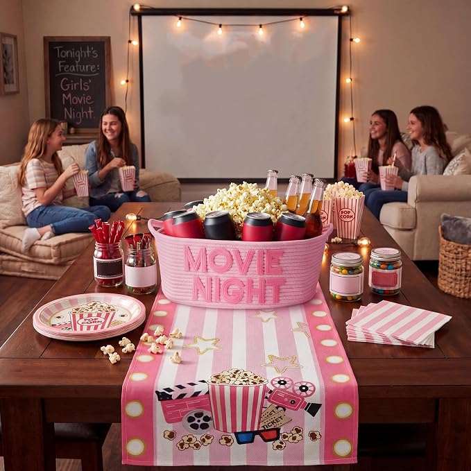 Movie Night Gift Basket with Handles, Cotton Rope Storage Snack Tray | 17"x13"x7" Woven Storage Popcorn Container Large Snack Basket for Movie Night Family Room Home Theater Birthday Party Decor