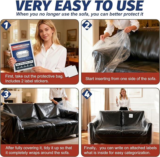 Clear Plastic Moving Loveseat Furniture Storage Covers | Extra Large 68x 62 x 42 Inch Sofa and Couch Bags, Waterproof and Dust Proof, For Renovation, Wrap, With Labels