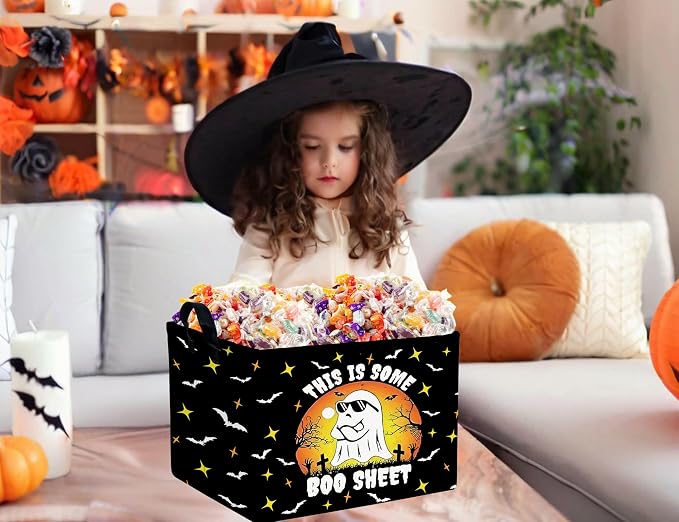 Large Halloween Themed Candy Gift Boo Basket for Kids Baby Personalized Adults Storage Bin Fall Decor(Sunglasses Spooky)