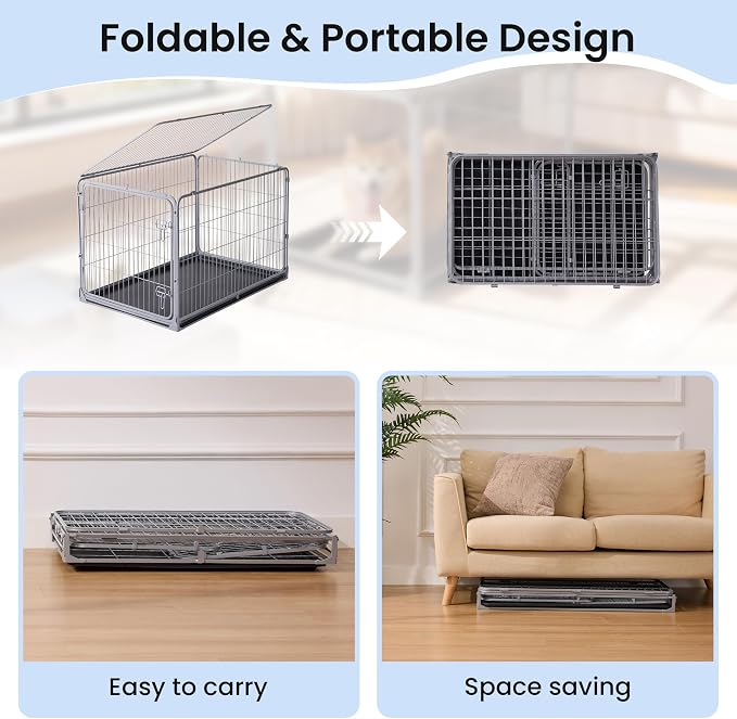 ZOMISIA Collapsible Dog Crate with Lockable Wheels - 36 inch Escape Proof Dog Kennel for Medium Dogs with Double Door, Easy Assembly Foldable Cage with Removable Tray, Indoor Outdoor Use,Silver Gray