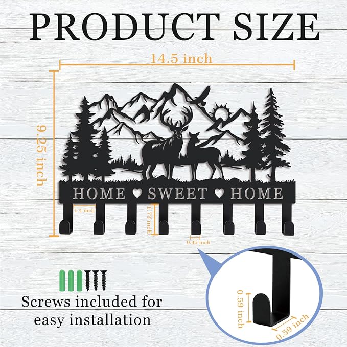 Deer Metal Key Holder for Wall, 14.5" X 9.2", Key Hooks for Wall Organizer, Key Rack, Forest Theme Coat Hat Towel Hooks, Ideal for Living Roo