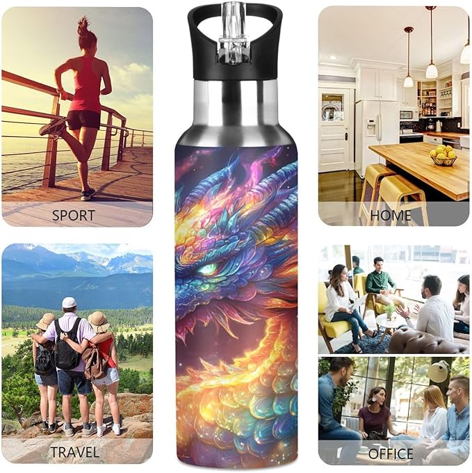 Colorful Rainbow Dragon Water Bottle with Straw Lid Kids Insulated Stainless Steel Water Flask Sports, 20 Oz Hot Cold