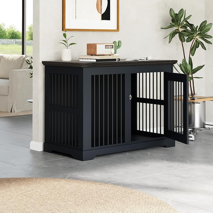 44" Wooden Dog Crate Furniture,Large Kennel Pet Cage End Table for Indoor | for XXL XL Medium Dogs, Grey and Black, Fits Living Room Bedroom, Heavy Duty Steel Frame with Lock 100 lbs Cap, 100 lbs Top.