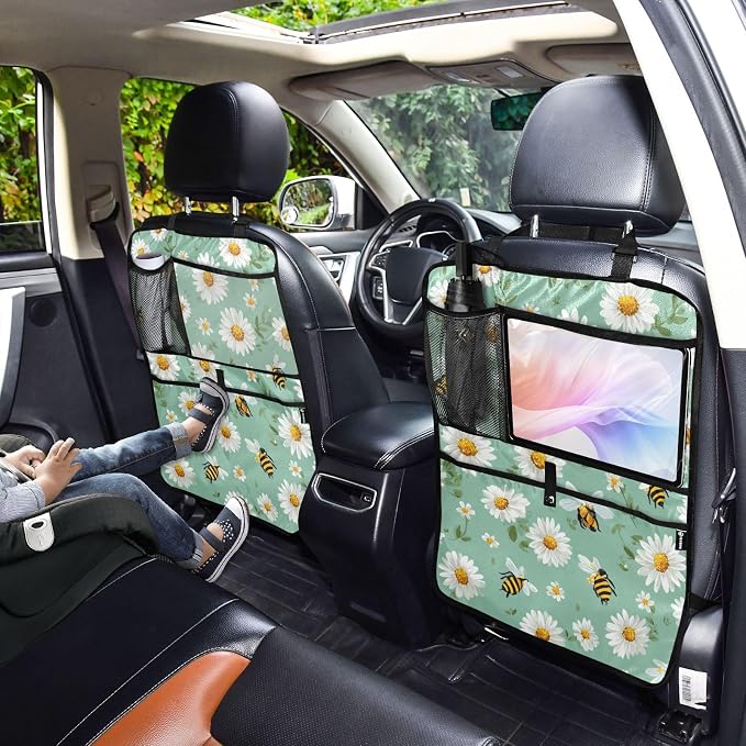 2 Pack Back Seat Car Organizer with Storage Pockets Kick Mats Back Seat Protector Hanging Car Organizer Automotive Seat Back Cover Organizers Mint Green Daisy Flowers and Bees