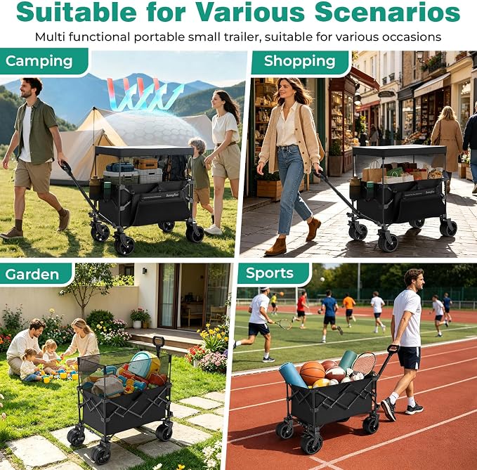 SUNNYFEEL Foldable Wagon Cart with Canopy - 445L Extra Large | 440 LBS Heavy Duty Utility Cart with All-Terrain Wheels, 3-in-1 Portable Wagon for Garden, Grocery, Camping, Beach, Shopping