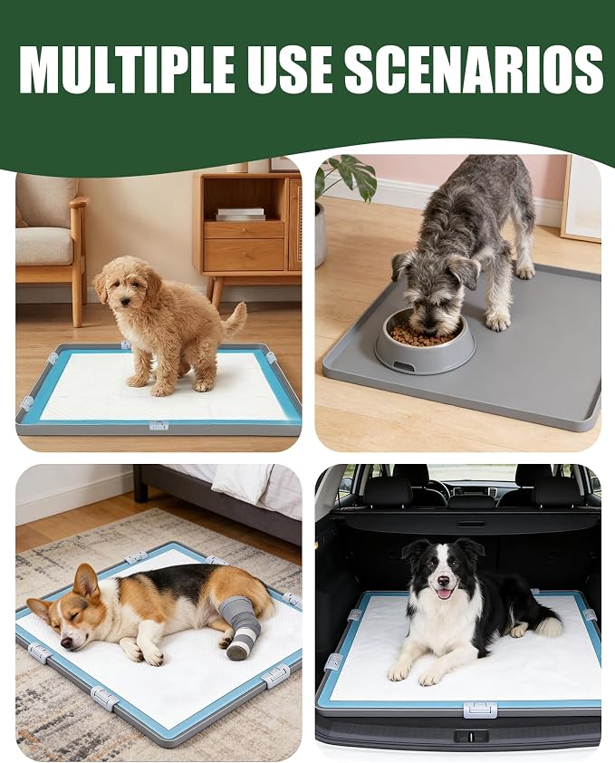 Dog Pee Pad Holder with 6 Clips, 24x24 Inch Silicone Puppy Pad Tray, Raised Edge Leak-Proof No Spill Mat for Dog Training Pads, Non-Slip Potty Holder for Indoor Floor Protection, Gray