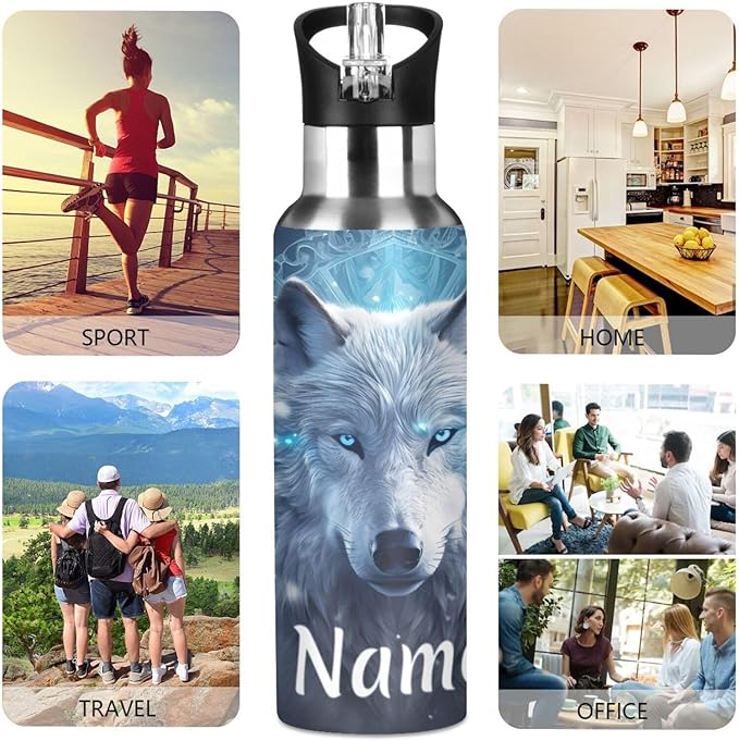 Custom Name Wolf Boho Water Bottle with Straw Lid Kids Insulated Stainless Steel Water Flask Sports, 20 Oz Hot Cold