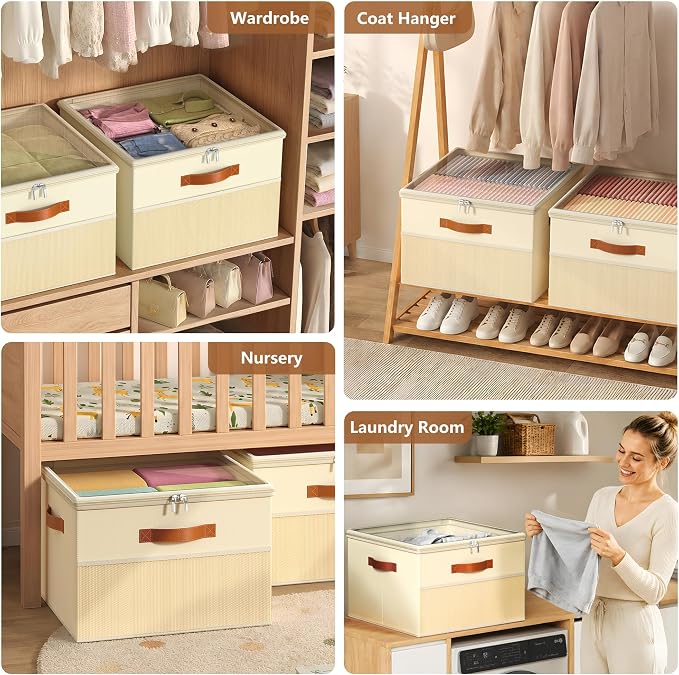 Shoe Organizer for Closet,2 Pack Foldable Shoe Storage Organizer Box Bin with Adjustable Dividers and Clear Cover, Fits up to 16-32 Pairs(Beige)