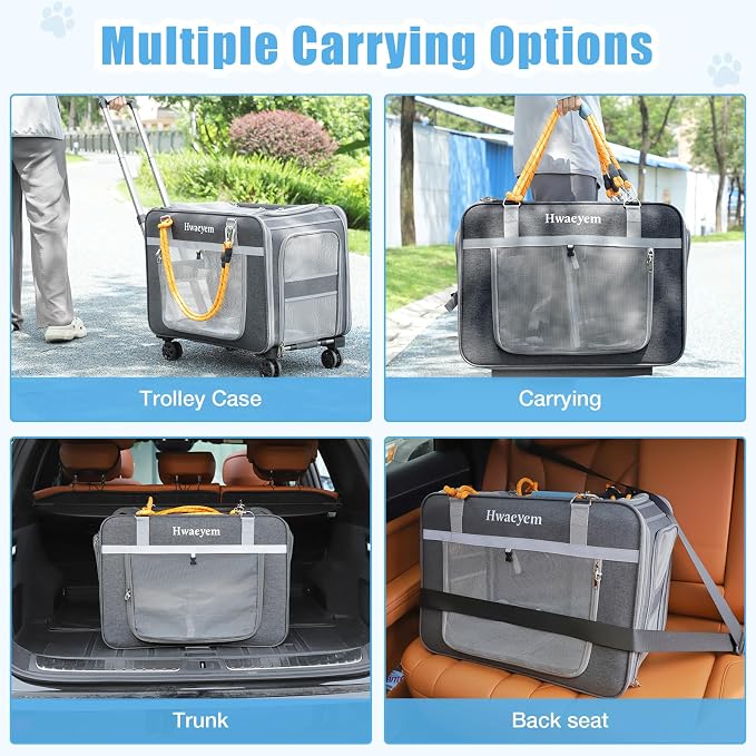 Rolling Extra Large Pet Cat Carrier with Wheels, Breathable Pet Carrier for 2 Cats or Medium Dog, 24" X 15" X 17" Dog Carriers for Small Dogs with Zipper Locks, Ideal for Travel & Vet Visits
