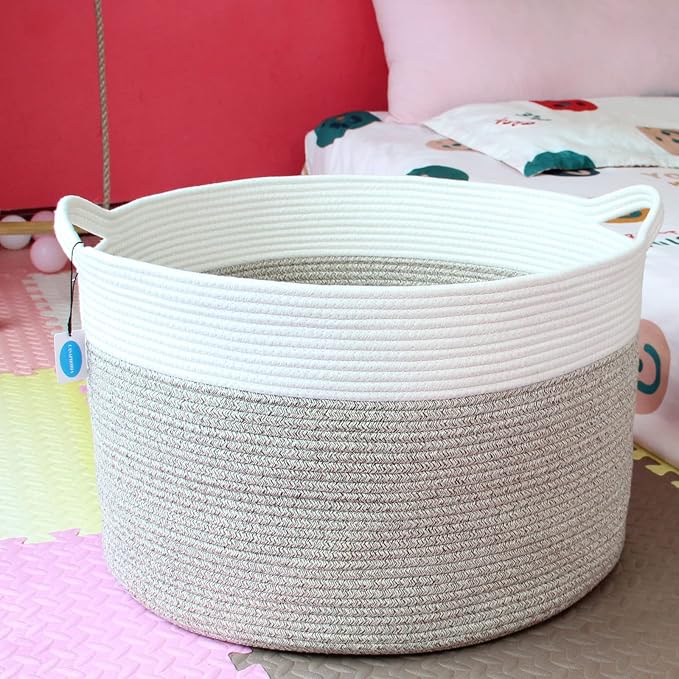 Casaphoria XXXLarge Cotton Rope Basket for Living Room - Woven Storage Basket with Handle for Blankets, Towels and Pillows Laundry Hamper | Cream white and Brown (22" x 22" x 14")