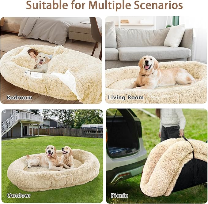 ROOMTEC Human Dog Bed, 78''x51''x12'' Size Fits Adult and Pet Washable Giant People Bed 10 CM Thick Memory Foam Large Oversize Pet Bed with Plump Pillow, Blanket, Strap - Beige