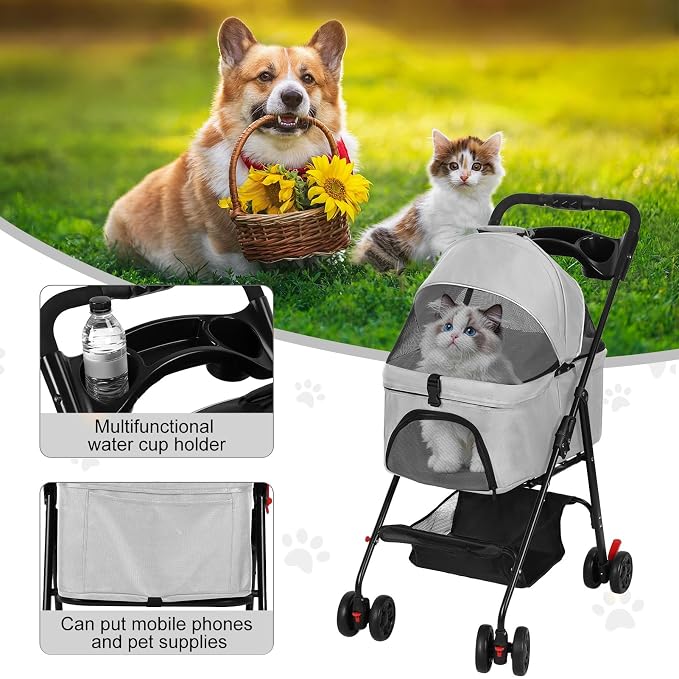 4 Wheel Foldable Pet Stroller – Removable Carrier for Dog Cat, Breathable Mesh Canopy, Storage & Cup Holder, Lightweight Pet Cart Holds 17.6 lbs for Walks Travel Light Grey