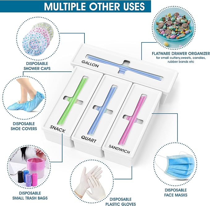Storage Bag Organizer for Kitchen- Baggie Drawer Organizer & Plastic Food Storage Bags Holder- Compatible with Gallon, Quart, Sandwich, Snack Bags, Freezer, Slider Bags-4 Separate Pieces White