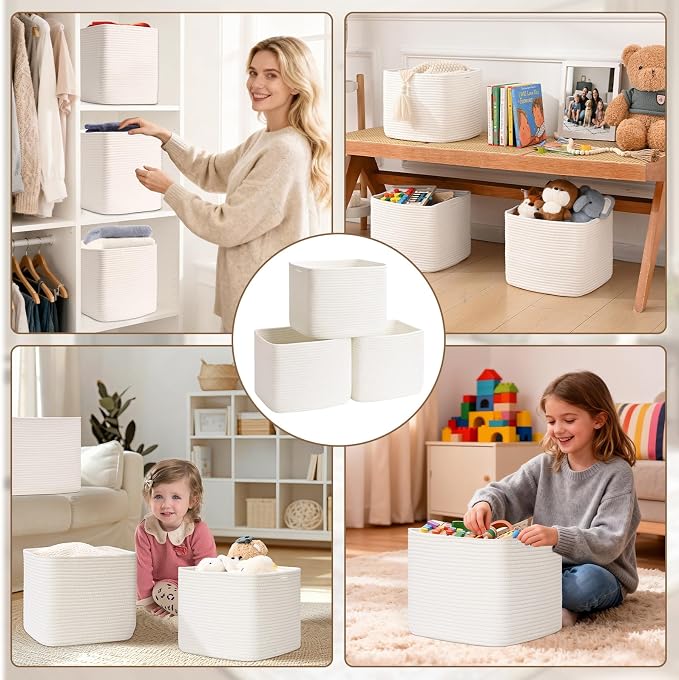 3 Pack Cube Storage Bin, 12”x12”x10” Cotton Rope Woven Baskets for Organizing Toys Clothes Towels, Square Gift Storage Baskets for Shelves, Nursery, Closet, Bathroom, Pantry (White)
