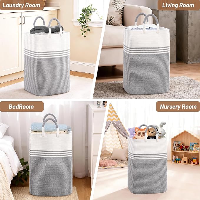 Laundry Basket Hamper,Blanket Storage,Dirty Clothes Hamper with Swivel Handles,Woven Cotton Rope Toy Baskets,Blanket Basket Living Room,Decorative Hampers for Nursery,Bedroom,White & Gray,80L
