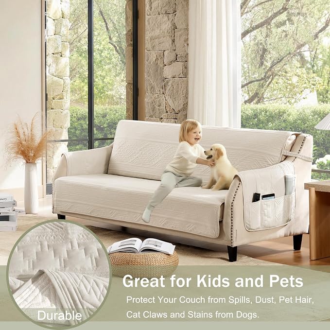 Soft Boho Quilted Couch Cover with Pockets for Extra-Large Sofa, Anti-Slip Boho Sofa Covers Washable for 3 Cushion Pet Friendly, Oversized Sofa Cover Water-Repellent (X-Large Sofa 78", Beige)