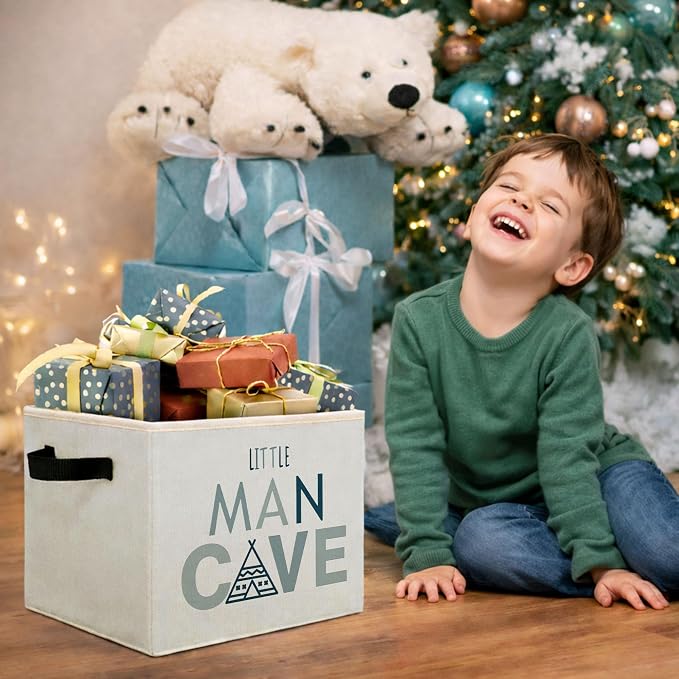 Little Man Cave Storage Bin, Foldable Fabric Basket for Boys Nursery | Foldable fabric storage bin with little man cave design for toys, books, clothes, nursery, bedroom, and playroom use.