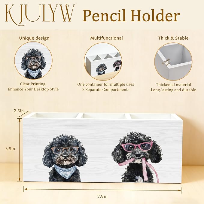 Black Poodle Pen Holder for Desk, Poodle Gifts for Women Men, Dog Lover Gifts Wooden Box Pencil Pen Holder Organizer for Home Office Desk Accessories
