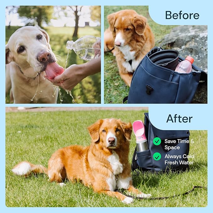 MalsiPree Insulated Dog Water Bottle - 24 Oz, Pink - Leak-Proof Stainless Steel Portable Travel Dispenser & Bowl