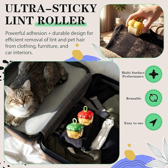 Sliner 3 Pack Reusable Lint Roller Portable Mini Lint Remover for Cat Dog Pet Hair Rollers Washable Roller Sticky Cleaner Remover for Clothes Travel Household