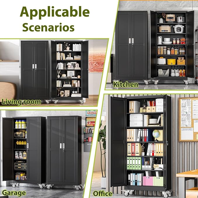 75-Inch Metal Garage Storage Cabinet with Wheels, Locking Doors and Shelves | 5 Adjustable Shelves, Locking Doors, Magnetic Closure, 360° Casters, Anti-Tip Kit, Cold-Rolled Steel