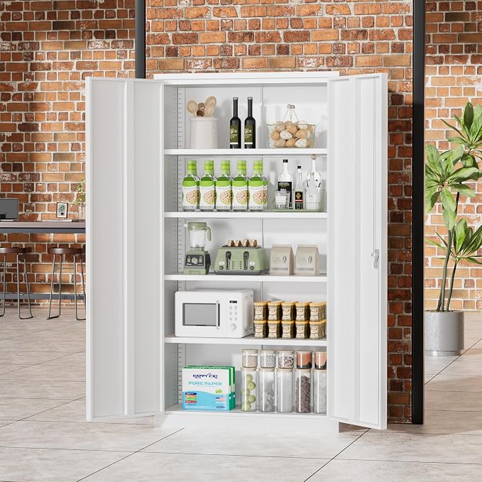 Greenvelly Metal Storage Cabinet, 72" Locking Metal Garage Storage Cabinet with Doors and 4 Adjustable Shelves, Lockable Steel Cabinets for Home Office, Garage, Shop, School (White 36" W x 18" D)