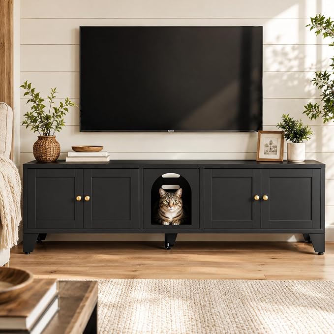 Cat Litter Box Enclosure for 2 Cats, 58" Long Metal Pet House Washroom Dog Proof Furniture, Double Hidden Little Box Cabinet, Living Room TV Stand Table, Indoor Cat House, Assembly Required
