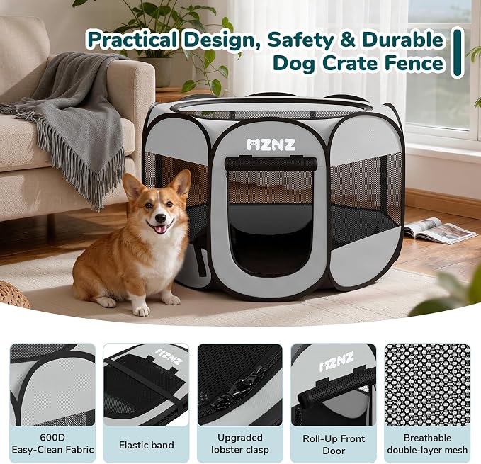 Dog Cat Small Animal Puppy Playpen Crate, Medium, Whole Grey | Portable Pop Up Pet Cage Enclosure Tent Kennel Indoor Outdoor with Carrying Case, No Assembly, Camping Use