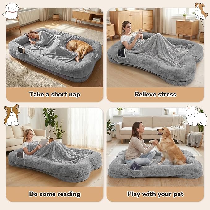 Human Dog Bed 71 x 47 x 12 in, Silver | Memory Foam Dog Bed for Humans & Large Pets, Removable & Washable, with Storage Pocket