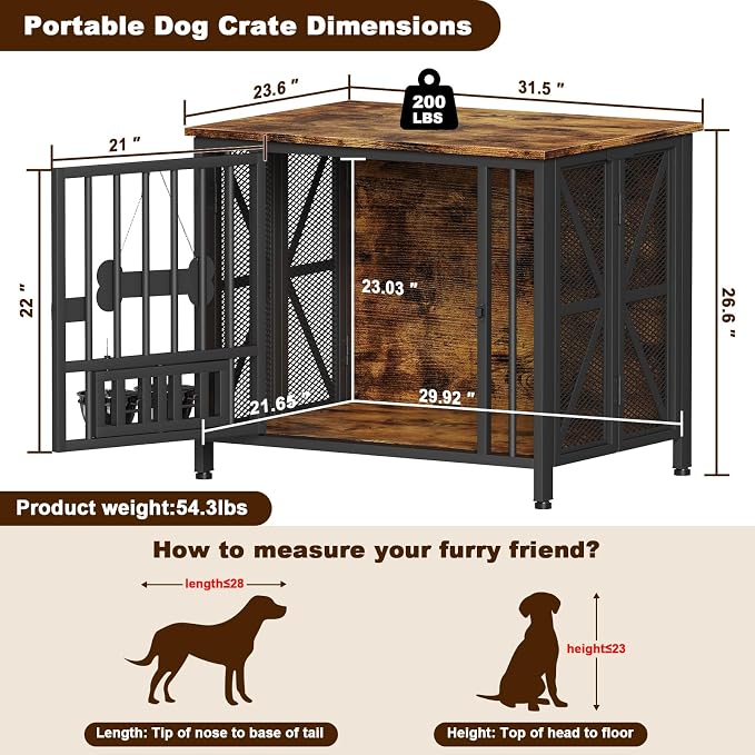 Easycom Dog Crate Furniture, 31.5" Assembly-Free Dog Crates for Small & Medium Dogs, Foldable Dog Kennel Indoor with Tag & Adjustable Dog Bowls, Wooden Dog Cage Use as End Table, Rustic Brown | Foldable Dog Crate Furniture, Wooden Dog Kennel Indoor