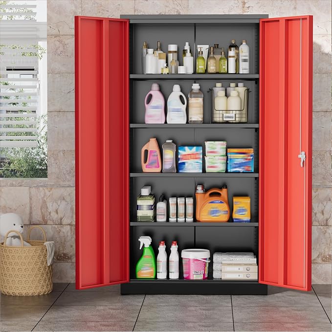 Greenvelly Metal Garage Storage Cabinet, 72" Black Red Tool Steel Locking Cabinet with Doors and 4 Shelves, Tall Cabinets for Garage Storage Systems Lockable File Cabinet for Home Office,Garage