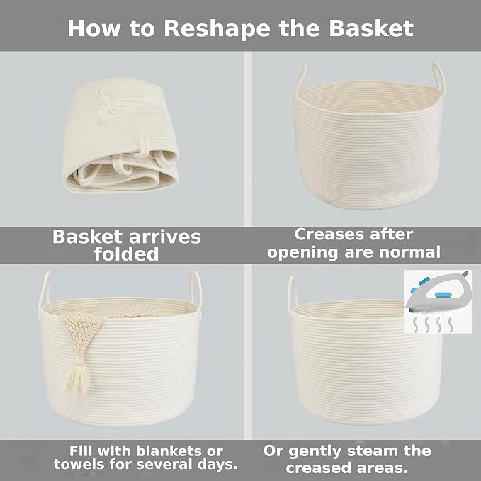 XUANGUO 66L Large Blanket Basket, Round Cotton Rope Basket, White | 20" x 13" Laundry Basket with Sturdy Handles for Blankets, Pillows and Toys; Storage for Living Room, Bedroom and Nursery
