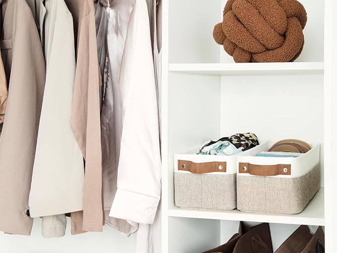 StorageWorks Narrow Storage Bins, Small Baskets, Brown and White, 2-Pack | With Metal Frame, Sturdy Structure, PU Handles, Toilet Paper Storage, Long Storage Bins for Bathroom, Closet, Shelf