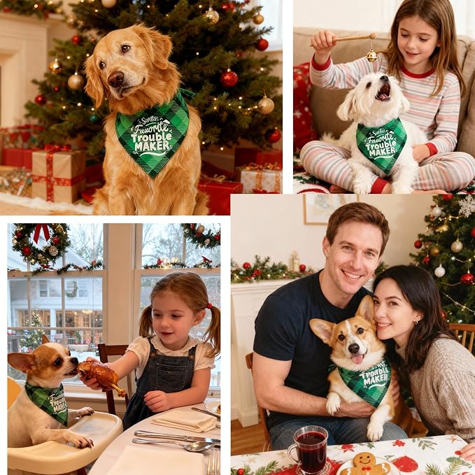 Christmas Dog Bandanas - Santa's Favorite Trouble Maker, Naughty & Nice List Print Pet Holiday Scarf Costume Gift, Green Plaid, Small & Medium Breed, 5-25lbs