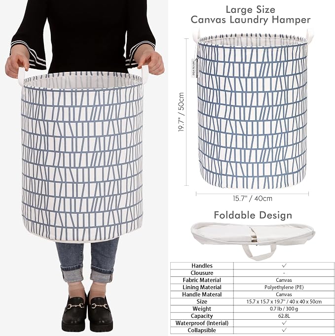 Sea Team Large Canvas Laundry Basket with Handles, Blue Branches | Collapsible Fabric Laundry Hamper, Closet Shelf Organizers, Containers for Clothing, Blankets, Toys, Bedding, 19.7 x 15.7”
