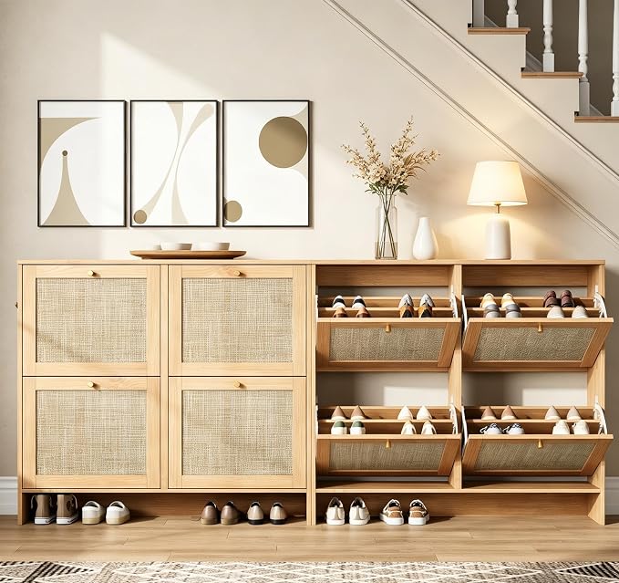 Modern Rattan Shoe Cabinet, 4 Flip Drawers & Adjustable Shelves, Ultra Slim Freestanding (9.5” Deep), Holds 24+ Pairs, Narrow Shoe Storage Cabinet with Anti-Tip Safety,Sun-Drenched Ambe