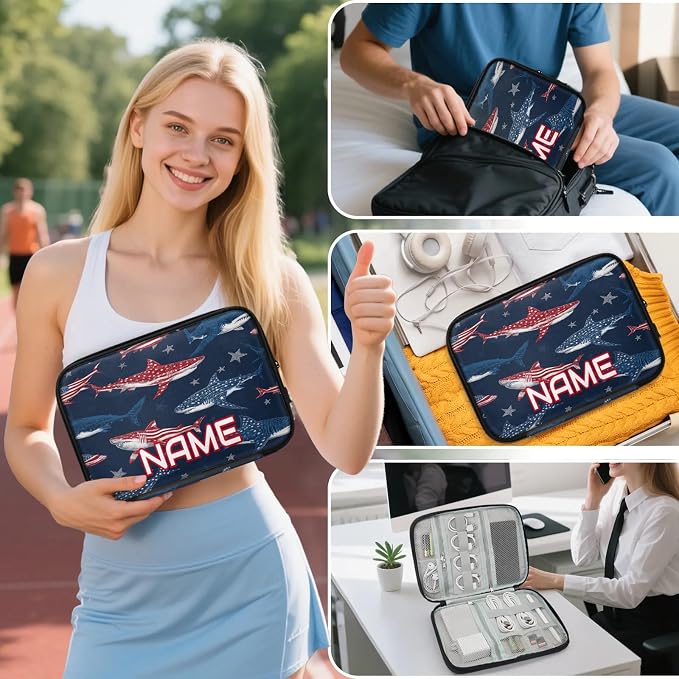 Custom Electronics Organizer Patriotic Sharks Travel Cable Pouch Large Tech Accessories Case Waterproof Cord Storage Bag for Power Bank Charger Phone Earphone